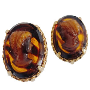 Vintage Signed Lisner Clip-On Earrings 14k Gold-Plated Cameo Faux Tortoiseshell